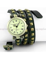 Steampunk Dark Green Leather Strap Band Women Accessory Quartz Wristwatch