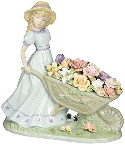 Cosmos 96491 Girl Pushing Flower Cart Ceramic Figurine, 8-1/4-Inch
