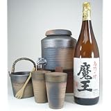 備前金彩焼酎サーバー2000ccペアグラス+氷入れ　伝統の萬古焼き （専用木台付き） 陶芸作家　安藤嘉規作（白玉醸造合名会社　本格芋焼酎 　魔王　２５度　1800ｍｌ ）