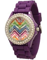 Womens Geneva Rhinestone-accented Silicone Watch Rainbow Face Chevron Design - Dark Purple