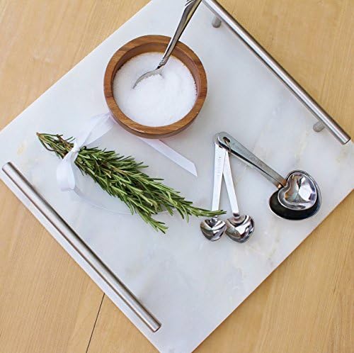 Grecian White Marble Cheese Board | Cutting Board | Pastry Board | Marble display stand with Silver Metal Handles (12" x 12")