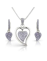 Xmas Present - Gift for Her - White Gold Plated Black Silver Tone - Purple Amethyst Swarovski Elements Crystals - Pave Heart Necklace and Earrings - Gift Set - Gift Boxed