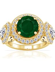 18K Yellow Gold Round Cut Emerald Ring With Sidestones