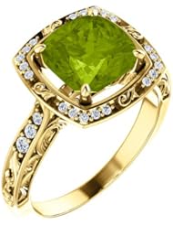 14K Yellow Gold 8.00x8.00mm Antique Cushion Cut Peridot and Diamond Ring -- LIFETIME WARRANTY