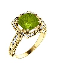 18K Yellow Gold 8.00x8.00mm Antique Cushion Cut Peridot and Diamond Ring -- LIFETIME WARRANTY