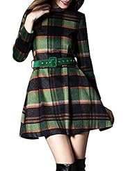 Flared-Skirt Wool Winter Vintage Belted Plaid Print Skater Dress 