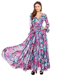 V-neck Chiffon Cocktail Full Length Floral Print Tropical Print Long Sleeves Party Dress 