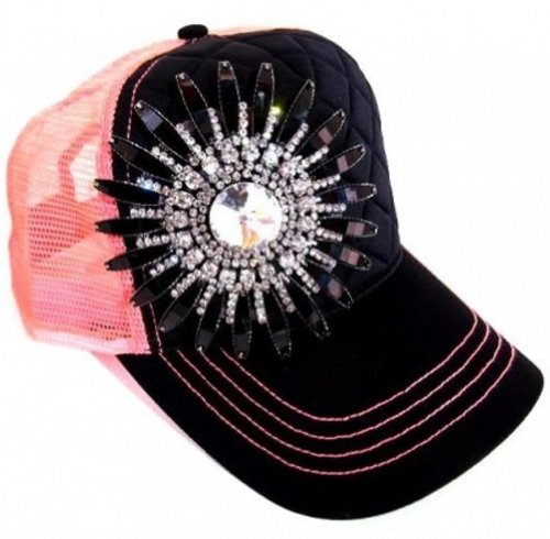 Womens Olive & Pique Black & Neon Rhinestone Flower Trucker Cap
