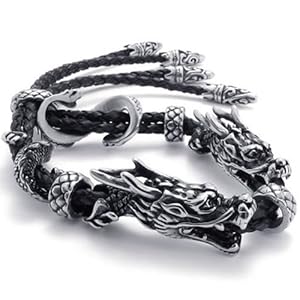 KONOV Jewelry Leather Stainless Steel Double Dragon Mens Bracelet - Color Black Silver (with Gift Bag)