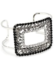 Yochi Clear and Jet Crystal Leaf on Silver Plated Open Square Cuff Bracelet