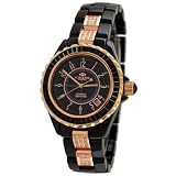 Oniss #ON8890-LRG Women's Rose Gold Trim Baguette Crystal Black Ceramic Watch