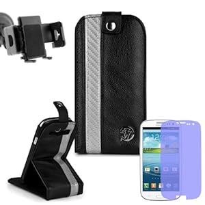 Reinforced Samsung Galaxy S3 i9300 Leather Case Cover with Stand - ( Vangoddy Repetto Silver Carbon Fiber Design ) + In Car Samsung Galaxy S3 Vehicle Mount + Custom Samsung Galaxy S3 Screen Protector