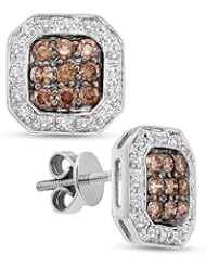 14K White Gold Round Brilliant Cut Chocolate Brown and White Diamond - Square Princess Shape Prong Set Studs Earrings with Secure Screw Back Closure - (.77 cttw.)