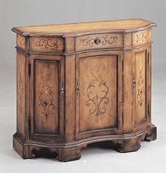 Narrow Sized Console with Painted Vase & Flowers Motif 43"w Cabinet Chest Wood