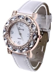 Womens Quartz Wristwatch White Leather Band Crystal Dial Arabic Numeral Mark