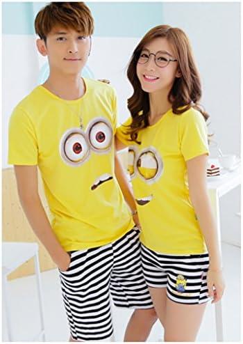 Casual fashion Despicable Me short sleeves minions print yellow t-shirt & striped shorts set for ladies & girls L