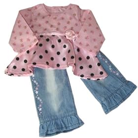 <b>Pink Dot/Floral Denim Outfit for 18" Dolls such as American Girl Doll</b>