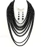 Sparkles Fashion Necklace - Black Necklace and Earring SET / Multi Strand / Bead / Faux Pearl / 18 Inch Long / Nickel and Lead Compliant / - Dangle Drop Chunky Statement Wedding Jewelry