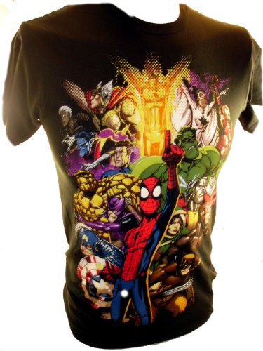  Spider-Man (Spiderman) Spidey Wars Mens T Shirt - Spidey Surrounded by A Cast of Marvel Comic Heroes