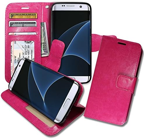 S7 Edge [ Wallet ] Case, Samsung S 7 Edge Soft Leather Flip Cover with [ Foldable Stand ] Pockets for ID, Credit Cards, Kickstand Features (Hot Pink)