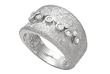 14K White Gold Hand-Crafted Matte-Finish Ring, Etched and Enhanced with Clustered Bezel Set Diamonds.
