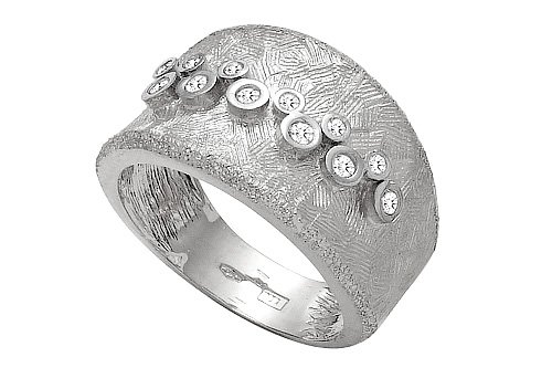 14K White Gold Hand-Crafted Matte-Finish Ring, Etched and Enhanced with Clustered Bezel Set Diamonds.