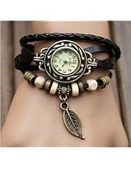 GreatCase Unisex Fashion Weave Wrap Around Leather Band Bracelet Metal Leaf Wood Beads Classic Lady Woman Quartz Analog Wrist Watch (Black)