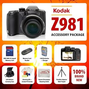  Kodak EasyShare Z981 14MP Digital Camera with Schneider-Kreuznach Variogon 26x Wide Angle Optical Image Stabilized Zoom Lens and 3.0 Inch LCD With The Essential Accessory Package Kit Includes 8GB High Speed Error Free Memory Card, Card Reader, 4 AA Rechargeable Batteries W/ Home & Car Charger, Deluxe Case, Gripster Pro Flexible Tripod, Lens Cleaning Kit, LCD Screen Protectors + More 