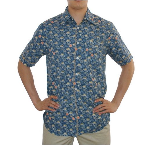 Mens Tommy Bahama Indigo Palms Denim Co.lots of small blue & yellow palm trees short sleeve shirt. 100% authentic designer casual dress shirt made with top quality material and classic tailoring that fits fantastic! Great top to wear for hiking, golf or hanging out on the yacht. - Medium