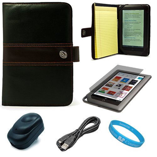 Black with Brown Executive Melrose Leather Protective Case Cover for Barnes and Noble Nook Color Wireless Reading Device Wi-Fi 7 inch LCD Display Screen + Clear Screen Protector for Barnes and Noble Nook Color + USB Travel Wall Charger + Micro USB Data Ca