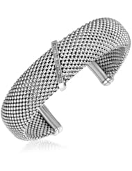 Sterling Silver Mesh Cuff Bangle Ornamented with Pave Set Diamonds (.06 ct. tw.)