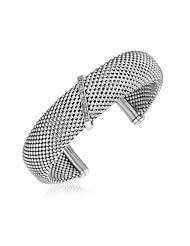 Sterling Silver Mesh Cuff Bangle Ornamented with Pave Set Diamonds (.06 ct. tw.)