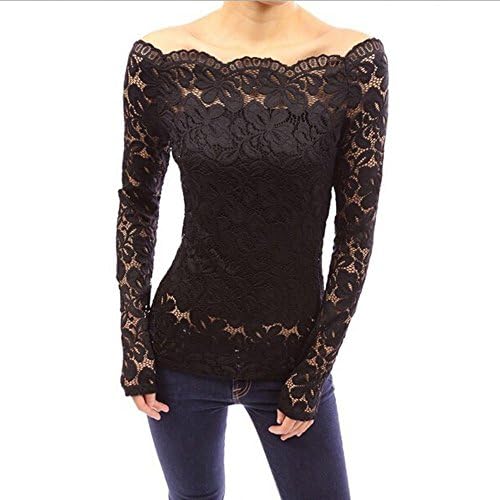 Myriasea 2016 New Sexy Women Lace Blouse Long Sleeve Off Shoulder Shirt-Black-4XL