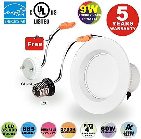 LEDJOY 9Watt 4Inch Dimmable Recessed LED Downlight Kit - ENERGY STAR UL-listed Retrofit LED Recessed Lighting Fixture - 2700K Warm White LED Ceiling Light - 685Lumens 60W Incandescent Equivalent - AC120V Recessed Downlight With E26 Medium and GU24 Base - Easy Installation, No Tools Necessary