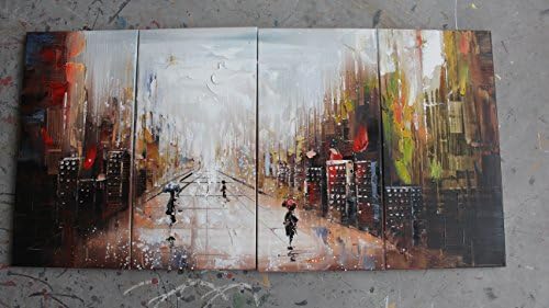 TJie Art Hand Painted Mordern Oil Paintings Wall Decor Abstract Street Clouds Home Landscape Oil Paintings Splice 4-piece/set on Canvas