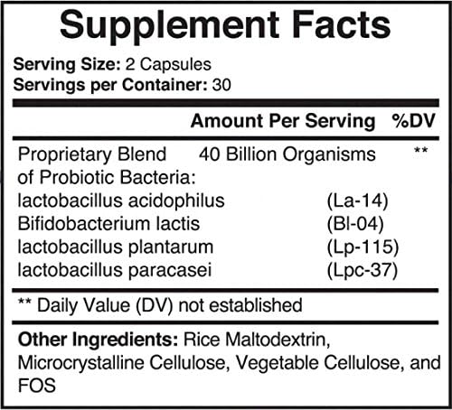 PROBIOTIC-40 | 40 Billion CFUs Per Serving | IMMUNE SYSTEM & DIGESTIVE HEALTH | Superior Quality & Potency | 60 Capsules - 30 Day Supply | Money Back Guarantee