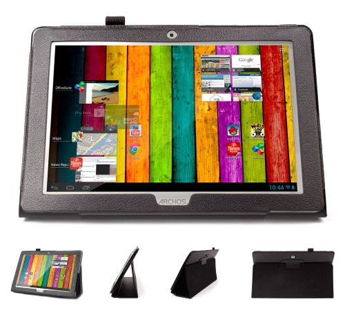 Etui noir aspect cuir avec port de maintien arrière pour Archos 101 Titanium tablette tactile 10,1 pouces (sortie 2013) Android Jelly Bean 4.1.2 - Garantie 5 ans par DURAGADGET
