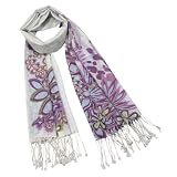 100% Pashmina/Cashmere Purple and Light Yellow Flower Bouquet with Butterfly Tassel Ends Long Scarf Shawl