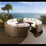 Luxury Large Brown / Cream Round Rattan Sofa and Coffee Table, Raincover