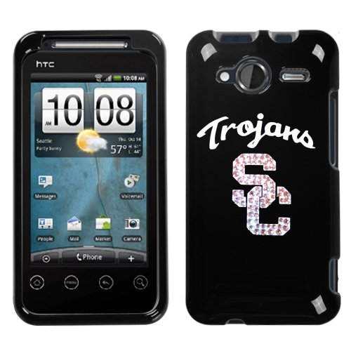 HTC SPRINT ANDROID EVO SHIFT 4G A7373 HARD PLASTIC DESIGN BLACK AND WHITE USC TROJANS SWAROVSKI CRYSTAL DIAMOND SNAP ON CASE COVER