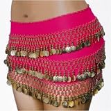 SEXY BELLY DANCER COSTUME HIP SCARF - HOT PINK WITH GOLD COINS