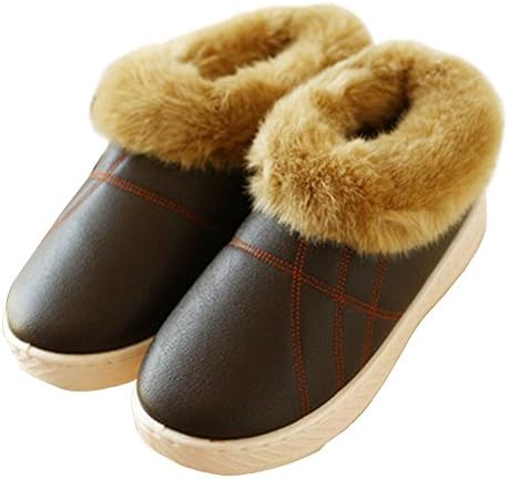 YOUPAI Men's Winter Dark Coffee PU Leather Package Cotton Slippers Home Shoes
