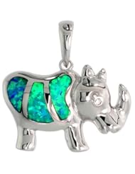Sterling Silver Rhino Pendant Synthetic Opal Inlay 13/16 inch wide,