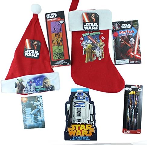 Star Wars Red Stocking Stuffer Bundle of 8 Items: Stocking, Hat, Puzzle, Stickers, Journal,Play Pack,Pencils and Candy Cane