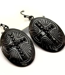 Gothic Renaissance Sheild Cross Black Crystals Earrings