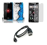 Motorola DROID RAZR (Verizon) Premium Combo Pack - Black Flower Vines on Blue and Silver Design Rubberized Shield Hard Case Cover + Atom LED Keychain Light + Screen Protector + Micro USB Cable