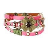SilberDream leather bracelet pink with rivets and a flower for female, teens and girls genuine leather LA2913P