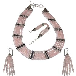 Sterling Silver Jewelry Set Rose Quartz Necklace Earrings and Bracelet