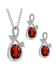 2.08 Ct Genuine Oval Red Garnet Gemstone Sterling Silver Pendant Earrings Set