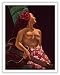 Topless Nude Hawaiian Island Girl with Guitar - Vintage Black Velvet Art by Bill Erwin c.1940s - Hawaiian Fine Art Print - 11in x 14in